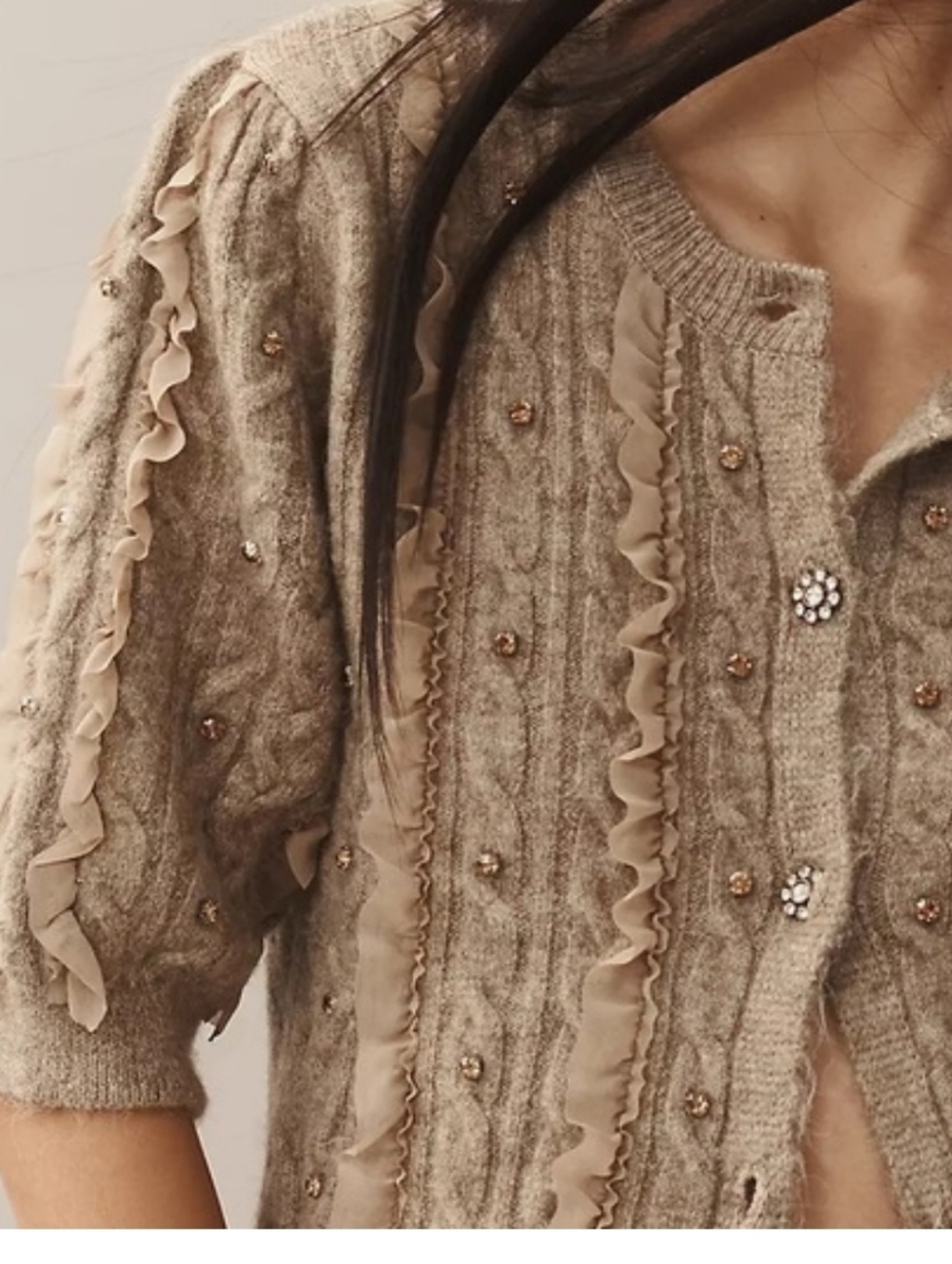 Maeve Short-sleeved Embellished Ruffled Cardigan Sweater - TAUPE - Picture 5 of 7